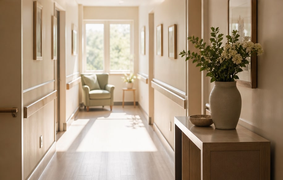 A warm, quiet hallway in a care community with flowers and natural light