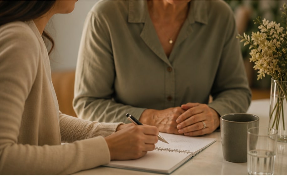 A quiet care conversation at a table with notes and warm light