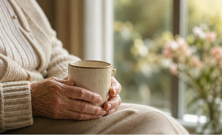 An older person's hands holding a warm ceramic mug by a window